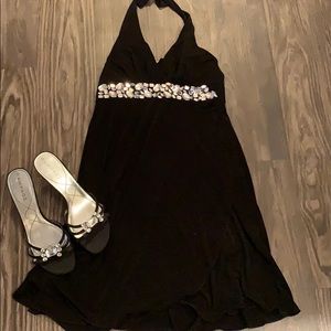 Black halter dress with diamond waist band